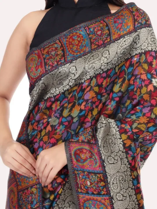 Pearl Black Floral Kashmiri Silk Jamewar Saree With Multi Color Weaving