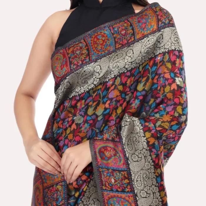 Pearl Black Floral Kashmiri Silk Jamewar Saree With Multi Color Weaving