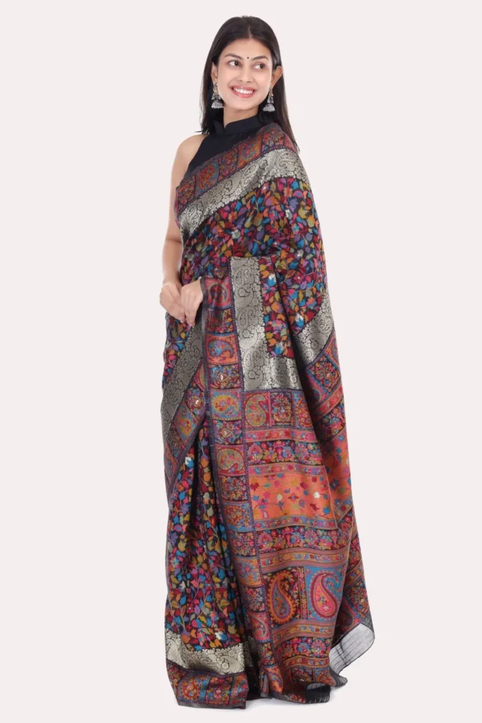 Pearl Black Floral Kashmiri Silk Jamewar Saree With Multi Color Weaving - Image 6