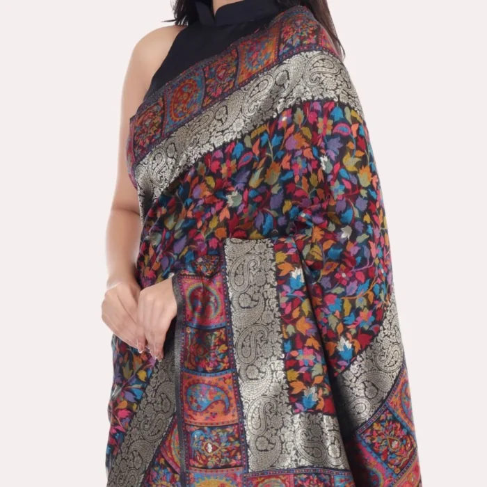 Pearl Black Floral Kashmiri Silk Jamewar Saree With Multi Color Weaving - Image 8
