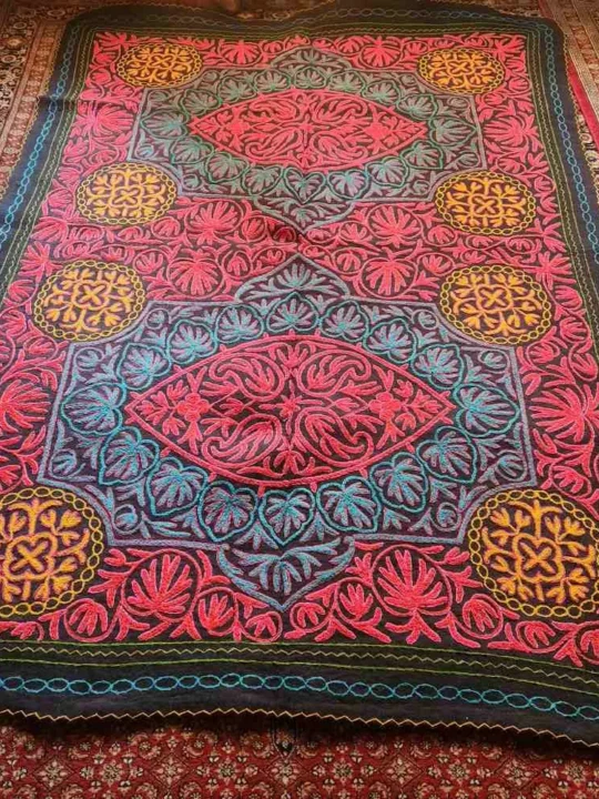 Blue and Red Big Wool Handmade Aari Embroidered Namda Rug 10*7