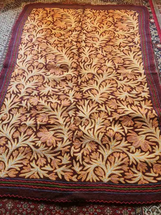 Maroon Big Wool Handmade Aari Embroidered Namda Rug Kashmiri Carpet 9x6