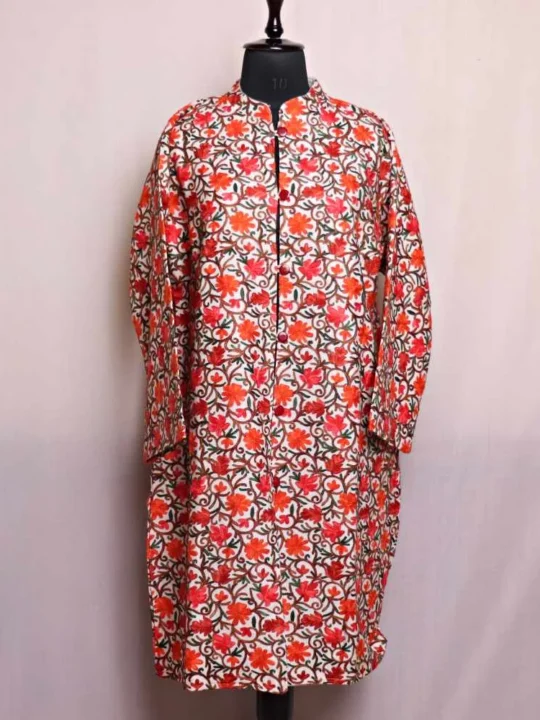 White Cashmilon Floral Jama Long Coat with Aari Detailing - Zunaira Collection