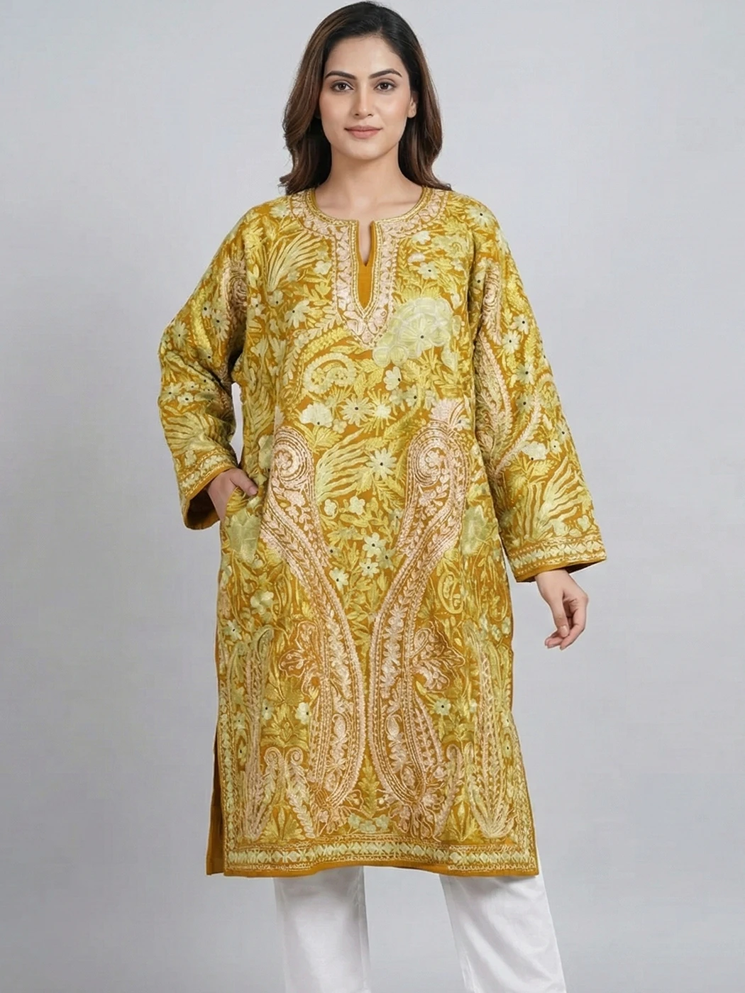 Mehndi Brown Kashmiri Jama Raffal Pheran with Aari Detailing - Gulistan Collection