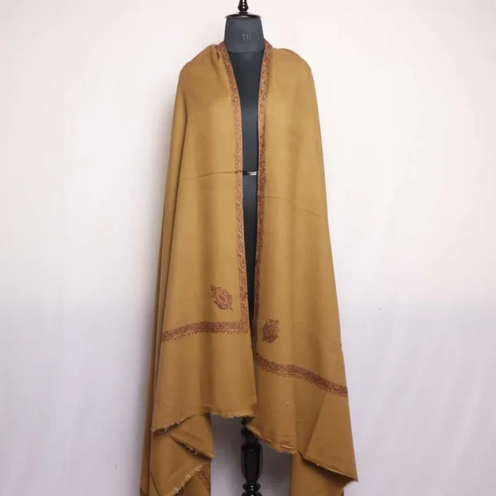 Beige Kashmiri Cashmilon Shawl with Intricate Hand Sozni Embroidery