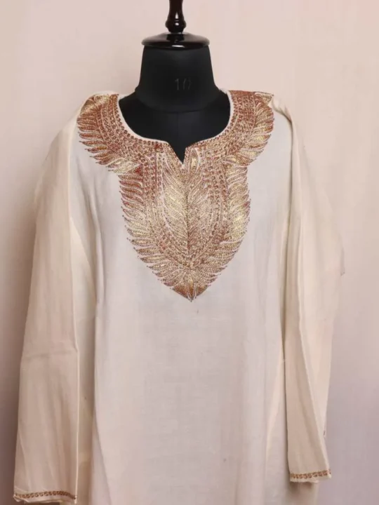 Classic Ashar White Tilla Embroidered Pheran | Phiran in Raffal Fabric