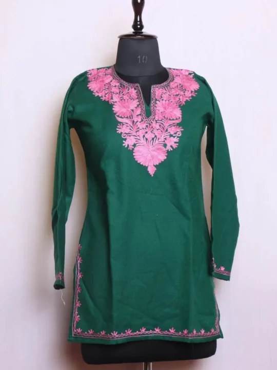 Dark Green Cashmilon Short Kurta with Elegent Aari Embroidery - Dalgate Collection