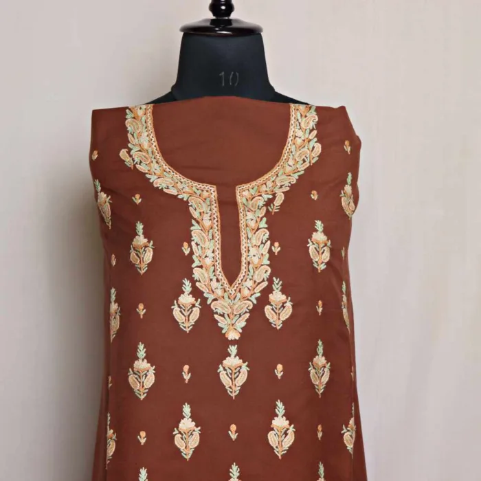 Brown Spun Suit Fabric With Posh Bhooti Hand Aari Embroidery | Samah
