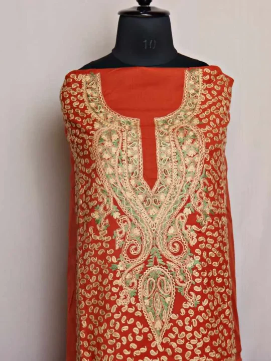 Rust Orange Spun Suit Fabric With Hand Aari Embroidery | Samah
