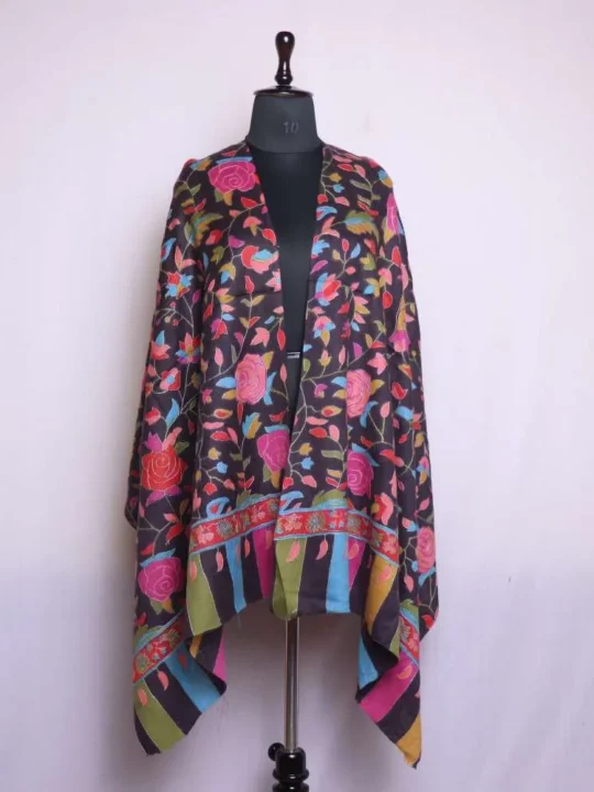 Black Rose Kalamkari Polywool Stole With Hand Needle Outline Embroidery | Mughal Collection
