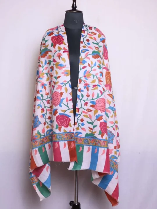 Natural Rose Kalamkari Polywool Stole With Hand Needle Outline Embroidery | Mughal Collection