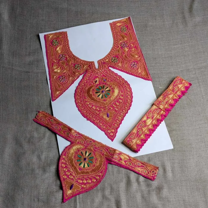 Pink and Golden Tilla Neck Patch With Border (3m) and Sleeves Patch - Shaan-e-Kashmir