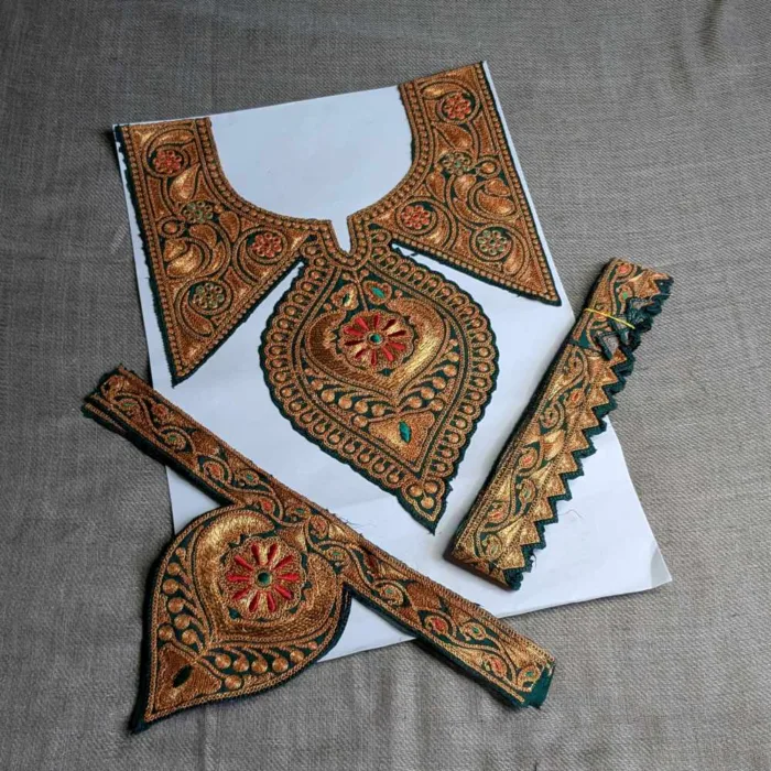 Green and Golden Tilla Neck Patch With Border (3m) and Sleeves Patch - Shaan-e-Kashmir