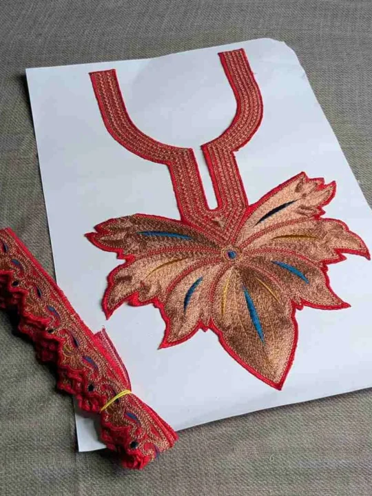 Red and Copper Chinar Tilla Neck Patch With Border Lace 3m