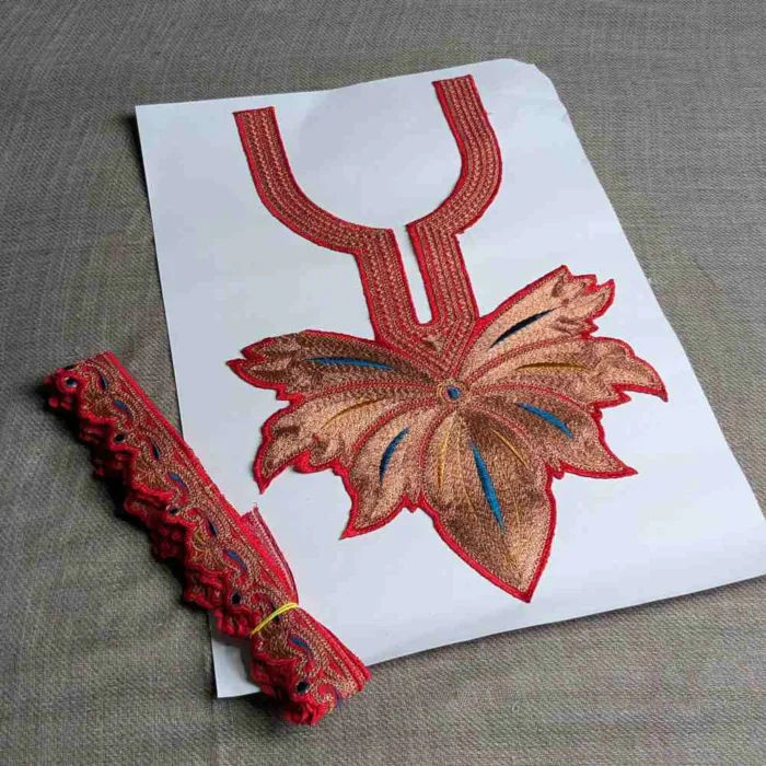 Red and Copper Chinar Tilla Neck Patch With Border Lace 3m