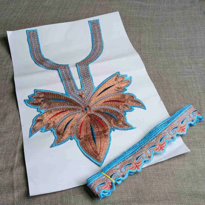 Blue and Copper Chinar Tilla Neck Patch With Border Lace 3m