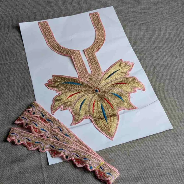 Light Pink and Golden Chinar Tilla Neck Patch With Border Lace 3m