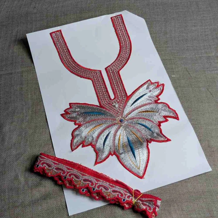 Red and Silver Chinar Tilla Neck Patch With Border Lace 3m