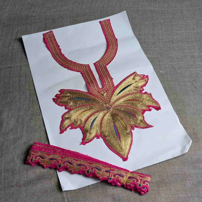 Pink and Golden Chinar Tilla Neck Patch With Border Lace 3m