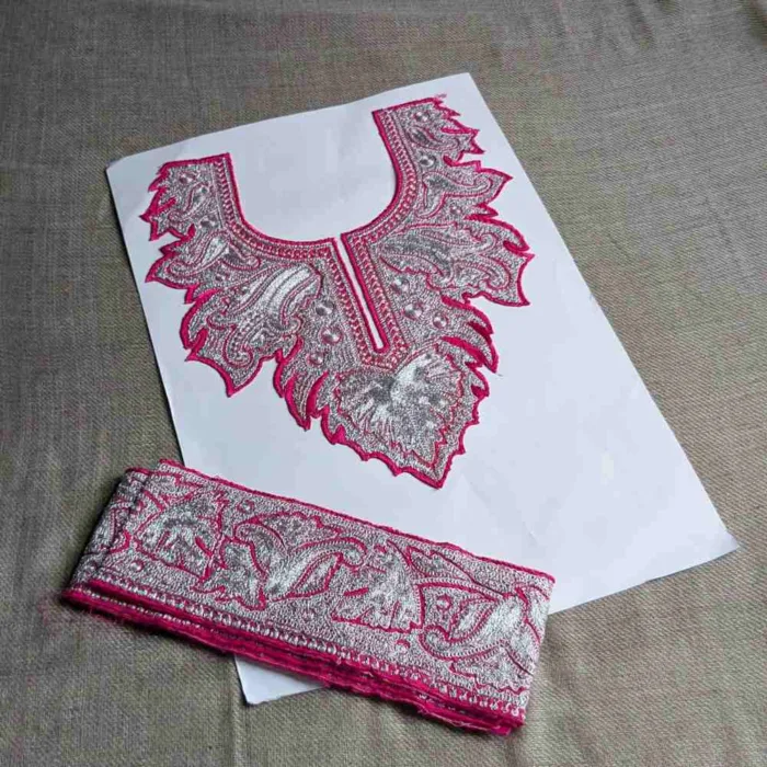 Pink and Silver Chenab Tilla Neck Patch With Big Border Lace 1.75m