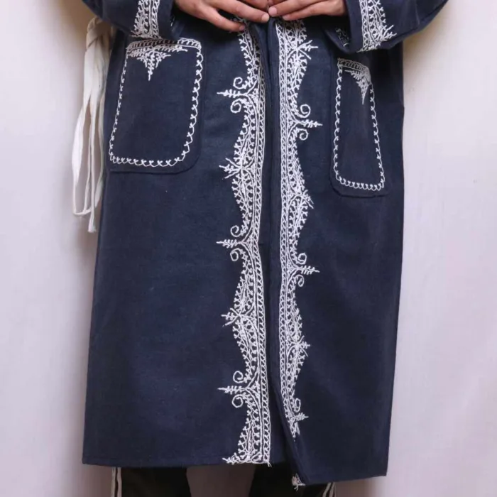 Stylish Dark Blue Tweed Gown with Intricate Hand Aari Embroidery - Aurangzeb - Image 3