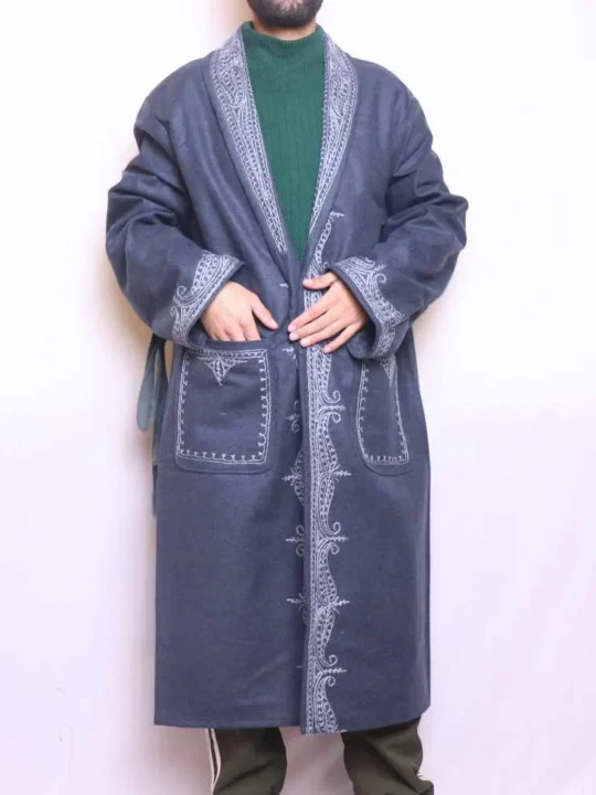 Classic Dark Blue Tweed Gown Adorned with Hand Aari Embroidery - Aurangzeb