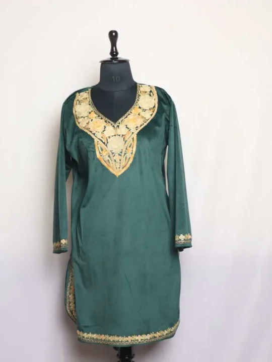 Dark Green Velvet Aari Round  Kurti with Detailed Embroidery - Rubeen Collection