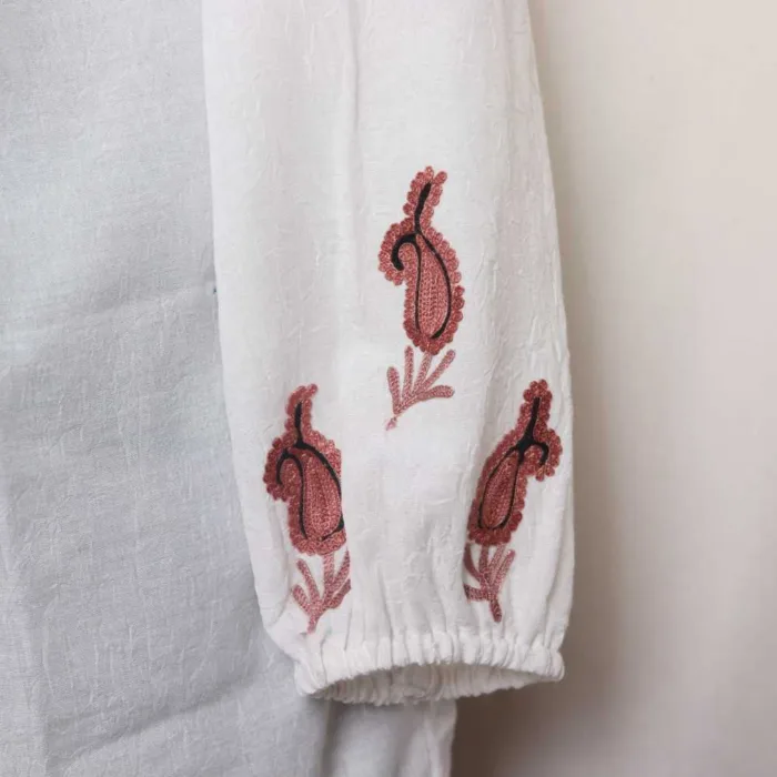 White Crush Cotton Western Top with Aari Embroidery | Collar Style with Buttons - Image 2