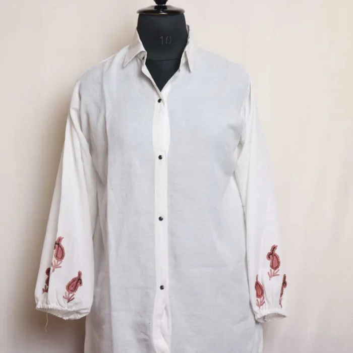White Crush Cotton Western Top with Aari Embroidery | Collar Style with Buttons - Image 3