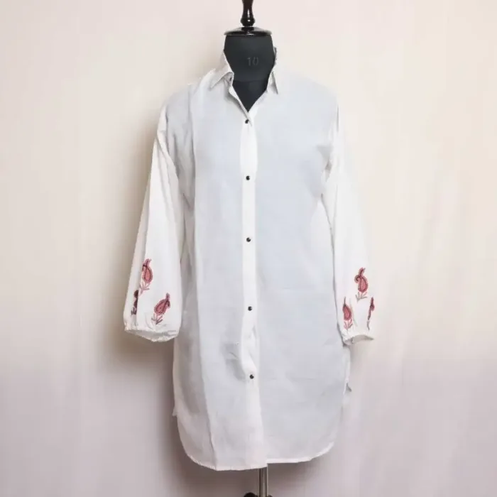White Crush Cotton Western Top with Aari Embroidery | Collar Style with Buttons
