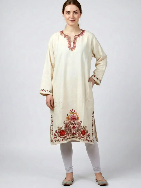 White Raffal Pheran with Hand Aari Embroidery Big Damaan - Kohinoor Collection