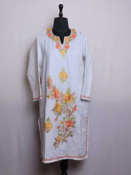 White Long Woolen Kurta with Elegant Heavy Damaan Aari Detailing - Bulbul Collection