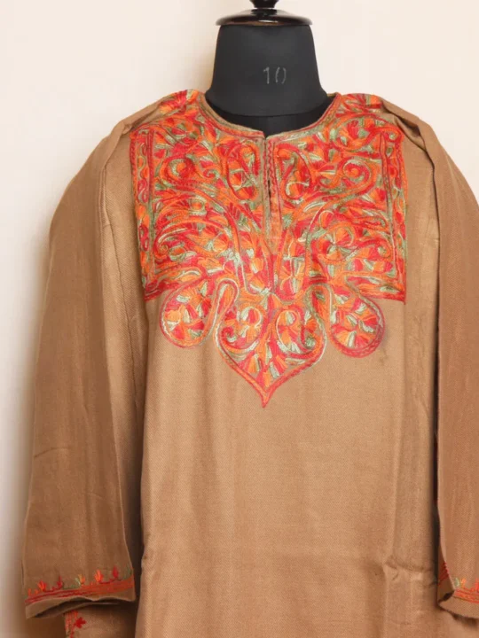 Beige Cashmilon Pheran with Fine Aari Work - Zikr Collection