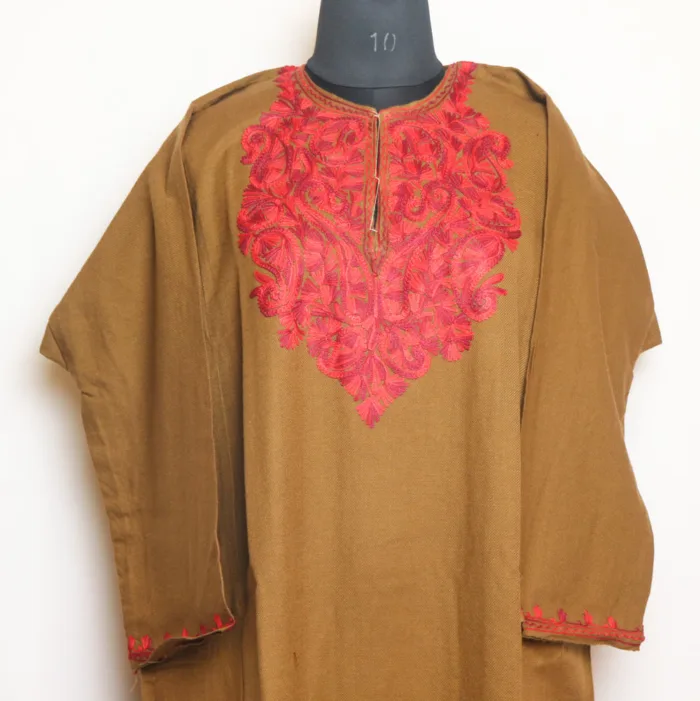 Brown Cashmilon Pheran with Classic Aari Embroidery - Zikr Collection