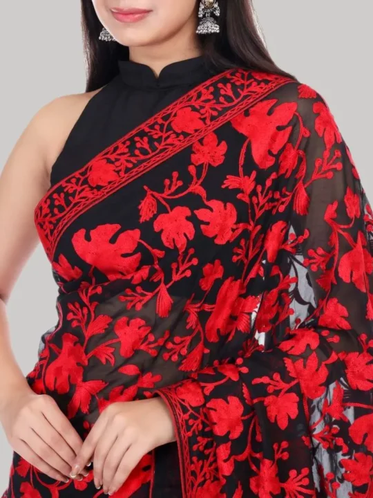 Black and Red Chinari Georgette Kashmiri Saree Aari Embroidered – Khizan Collection