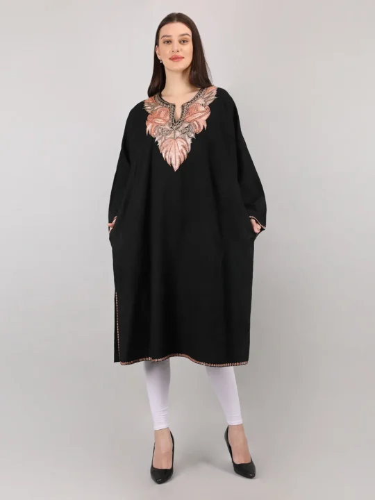Black Kashmiri Raffal Pheran with Tilla Embroidery - Pashnoor