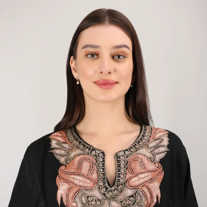 Black Kashmiri Raffal Pheran with Tilla Embroidery - Pashnoor - Image 3