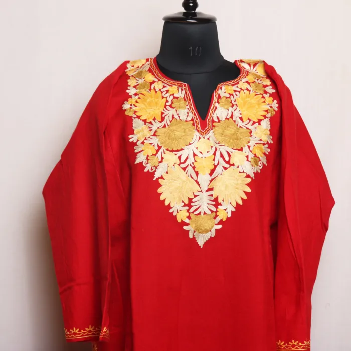 Graceful Red Cashmilon Pheran with Aari Embroidery - Aafrin Collection