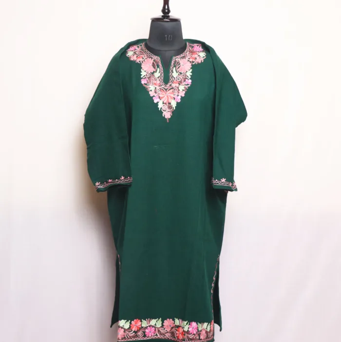 Green Cashmilon Pheran with Floral Aari Detailing - Aafrin Collection - Image 2