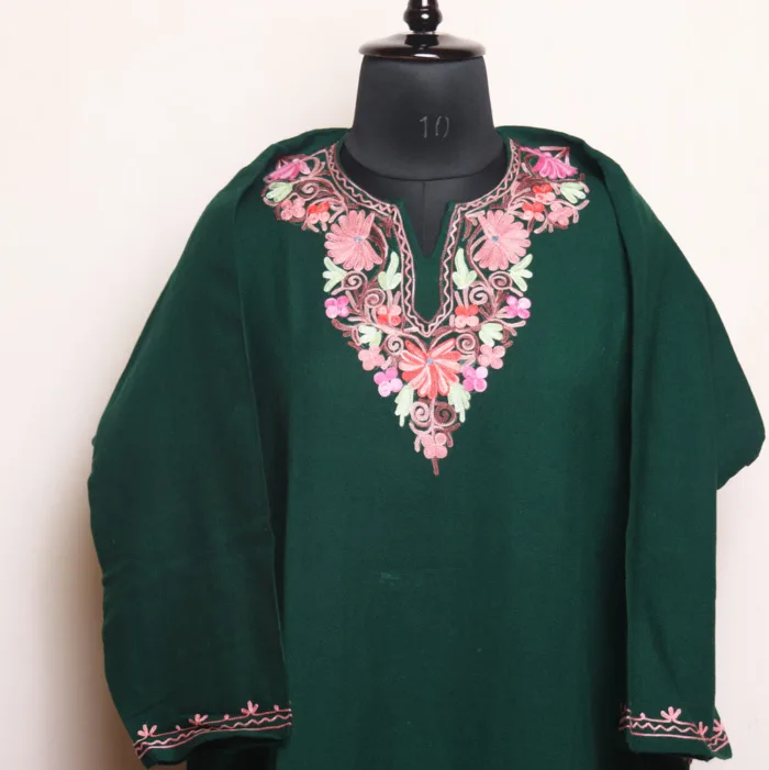 Green Cashmilon Pheran with Floral Aari Detailing - Aafrin Collection