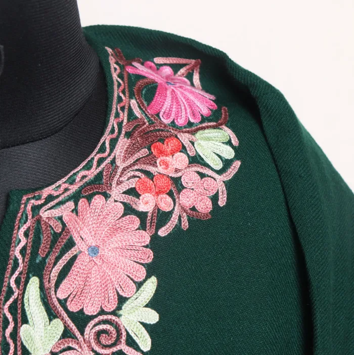Green Cashmilon Pheran with Floral Aari Detailing - Aafrin Collection - Image 3