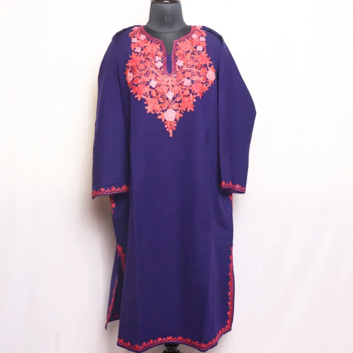Navy Blue Aari Embroidered Cashmilon Pheran - Aafrin Collection - Image 2