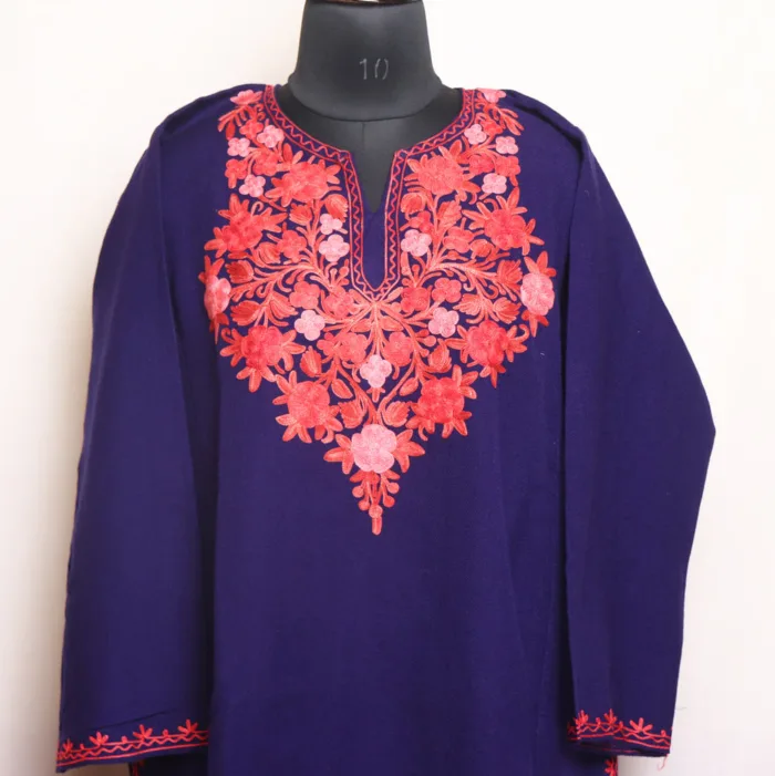 Navy Blue Aari Embroidered Cashmilon Pheran - Aafrin Collection