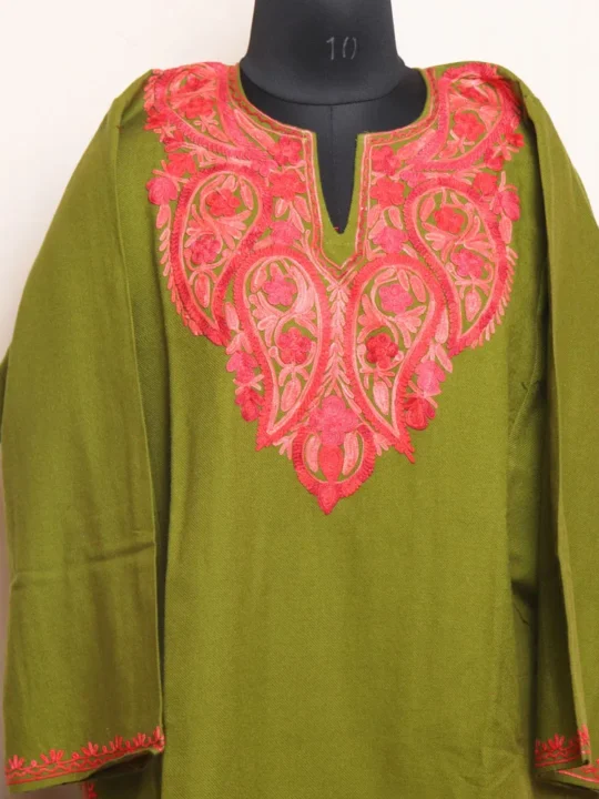 Classic Mehndi Green Cashmilon Pheran - Aafrin Collection
