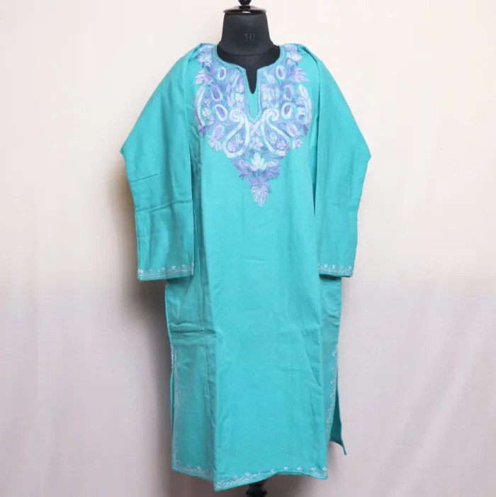 Alpine blue Cashmilon woolen pheran with Fine Aari Work - Aafrin Collection - Image 2