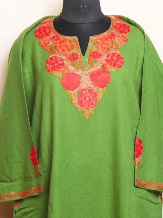 Green Cashmilon Aari Embroidery Pheran with Sleeve Work - Bulbul Collection