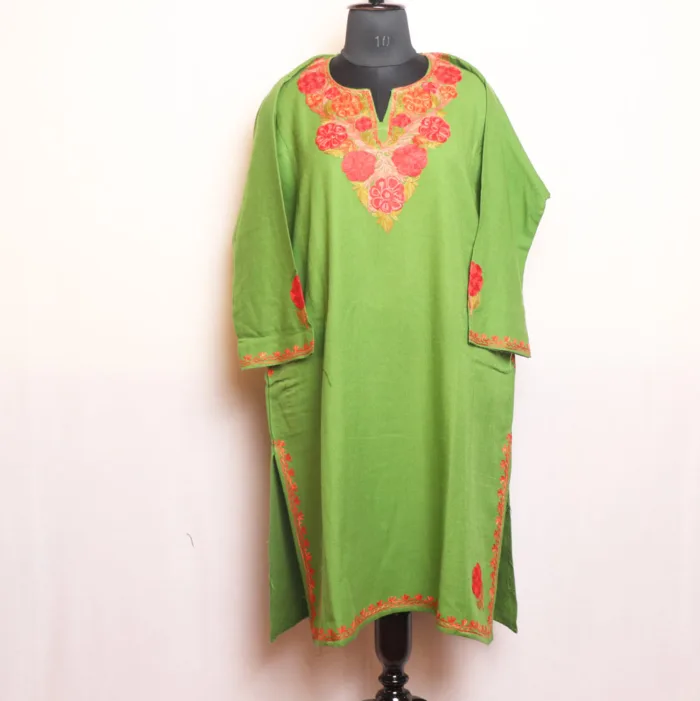 Green Cashmilon Aari Embroidery Pheran with Sleeve Work - Bulbul Collection - Image 2