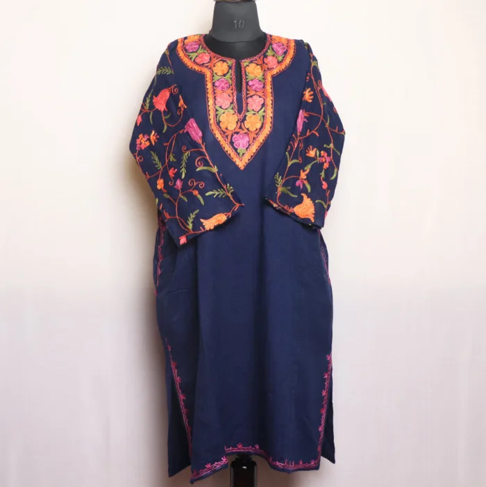 Navy Blue Cashmilon Pheran | Feran with Jaal Sleeve Aari Embroidery - Manaal Collection - Image 2