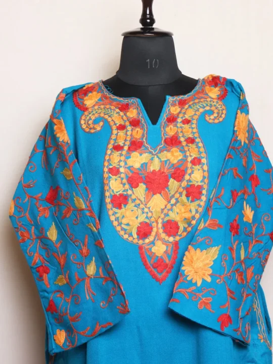 Cyan Blue Cashmilon Pheran with Jaal Sleeve Aari Detailing - Manaal Collection