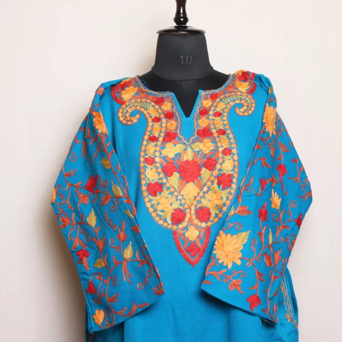 Cyan Blue Cashmilon Pheran with Jaal Sleeve Aari Detailing - Manaal Collection